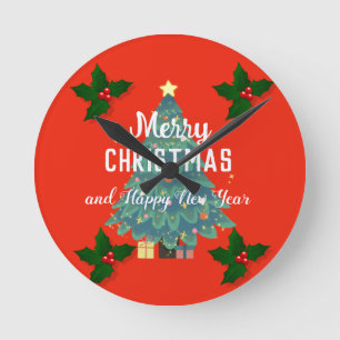 Modern merry christmas & happy new year holiday round clock