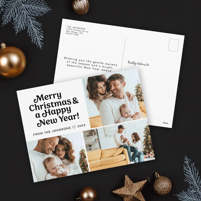 Modern Merry Christmas Happy New Year Photo Grid Holiday Postcard (Minimalist, trendy, Merry Christmas and a happy new year 3 photos family holiday postcard.)