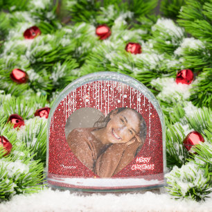 Modern Merry Christmas Heart Photo Name Snowglobe