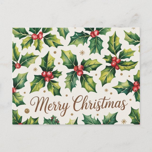 Modern Merry Christmas Holly and Berries           Postcard (Front)