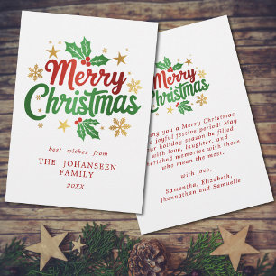 Modern Merry Christmas Holly Berry Snowflakes   Holiday Card