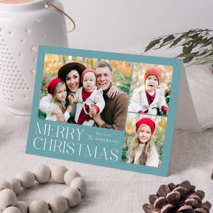 Modern Merry Christmas Icy Blue 4 Photo Holiday Card