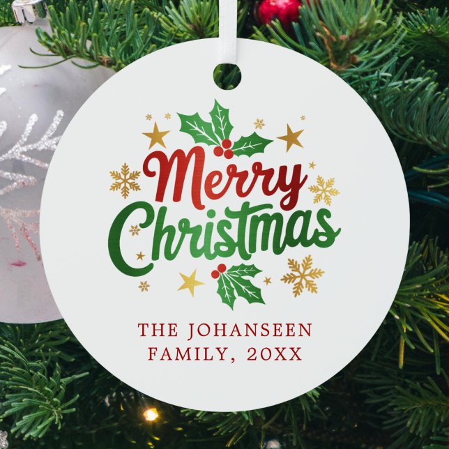 Modern Merry Christmas Keepsake Typography Family Metal Tree Decoration (Creator Uploaded)