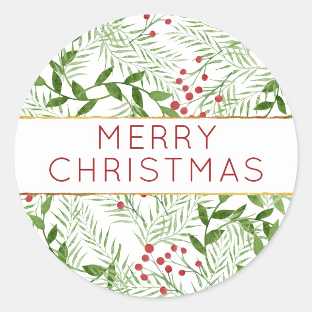 Modern MERRY CHRISTMAS Leaves Berries Holiday Classic Round Sticker (Front)