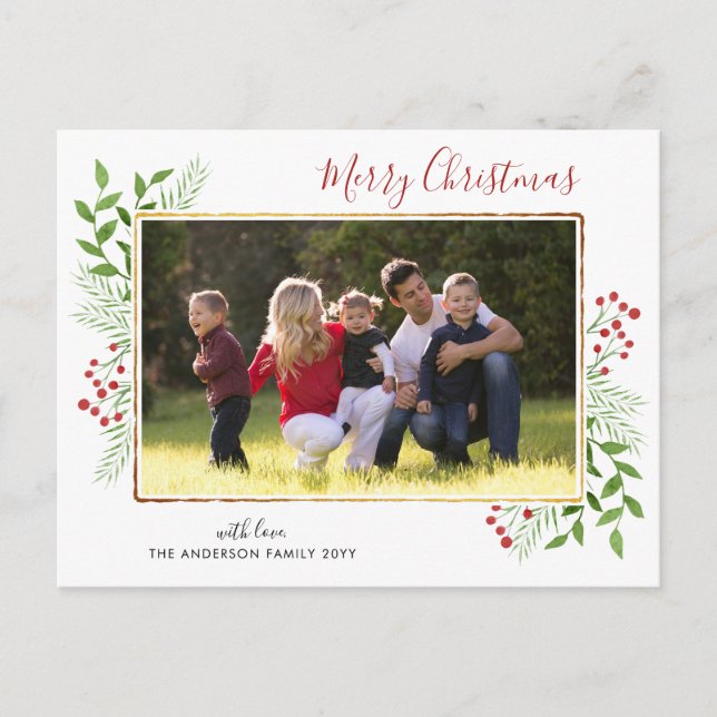 Modern Merry Christmas Leaves Foliage Berry Photo Holiday Postcard (Front)
