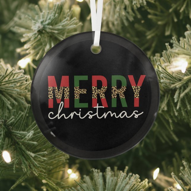 Modern Merry Christmas Leopard Print Typography Glass Tree Decoration (Insitu)