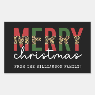 Modern Merry Christmas Leopard Print Typography Rectangular Sticker