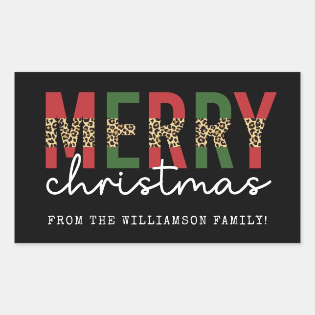 Modern Merry Christmas Leopard Print Typography Rectangular Sticker (Front)