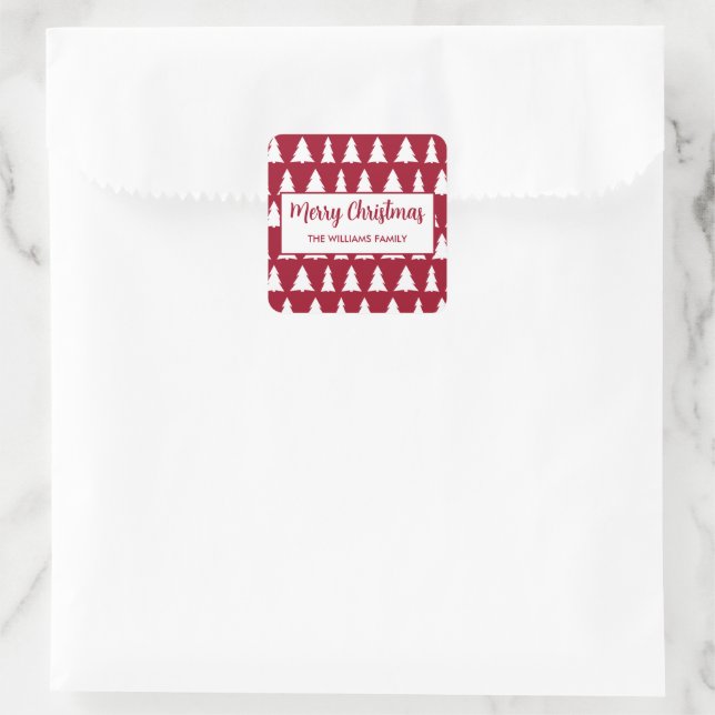 Modern Merry Christmas Maroon White Tree Pattern  Square Sticker (Bag)