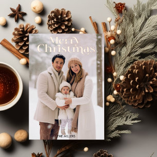 Modern Merry Christmas Minimal 1 Photo Beige Foil Holiday Postcard