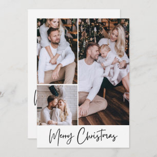 Modern Merry Christmas Minimalist 3 Photo Collage  Holiday Card