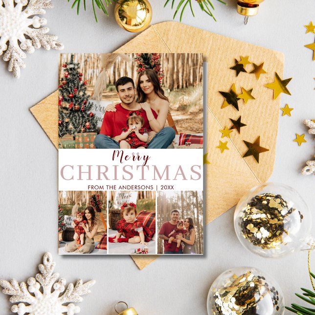 Modern Merry Christmas MInimalist 5 Photo Red Holiday Card (Creator Uploaded)