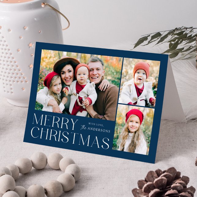 Modern Merry Christmas Navy 4 Photo Holiday Card (Creator Uploaded)
