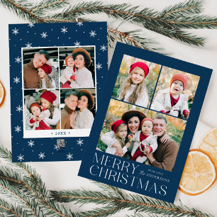 Modern Merry Christmas Navy 7 Photo Collage Holiday Card