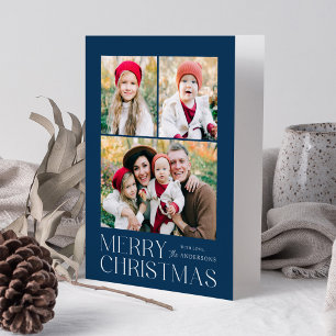 Modern Merry Christmas Navy 7 Photo Collage Holiday Card
