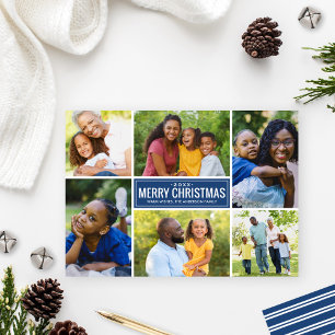 Modern Merry Christmas Navy Blue Photo Collage Holiday Card