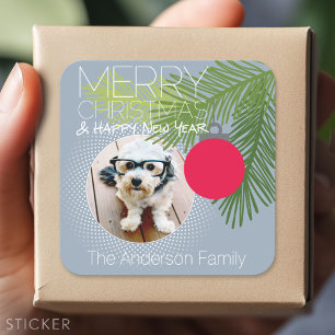 Modern Merry Christmas Ornament One Photo Square Sticker