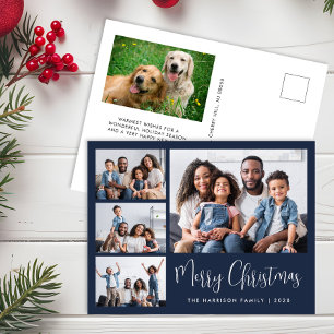 Modern Merry Christmas Photo Collage Blue Holiday Postcard