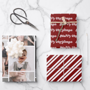 Modern Merry Christmas Photo Collage Candy Stripes Wrapping Paper Sheet
