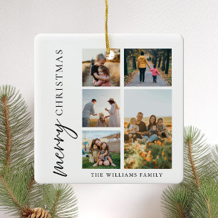 Modern Merry Christmas Photo Collage Ceramic Ornament