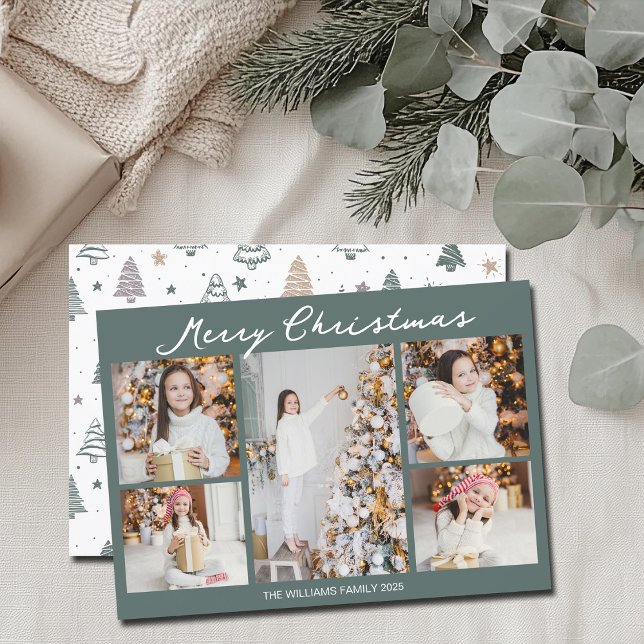 Modern Merry Christmas Photo Collage Grey Green Holiday Card (Creator Uploaded)