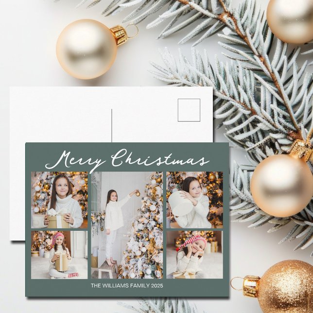 Modern Merry Christmas Photo Collage Grey Green Holiday Postcard (Creator Uploaded)