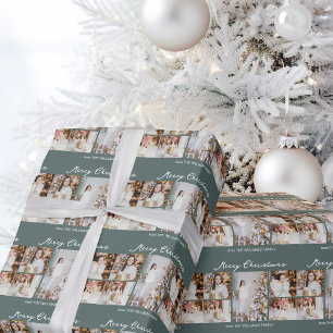 Modern Merry Christmas Photo Collage Grey Green Wrapping Paper