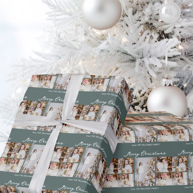 Modern Merry Christmas Photo Collage Grey Green Wrapping Paper (Creator Uploaded)