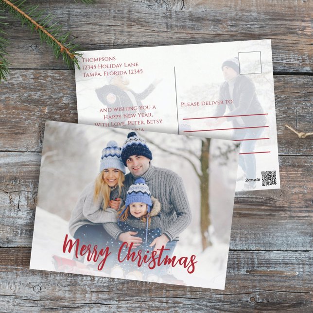 Modern Merry Christmas Photo  Holiday Postcard (Merry Christmas postcard with a two-photo template. )