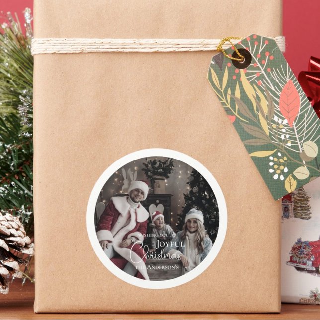 Modern Merry Christmas Photo ornament  Classic Round Sticker (Creator Uploaded)