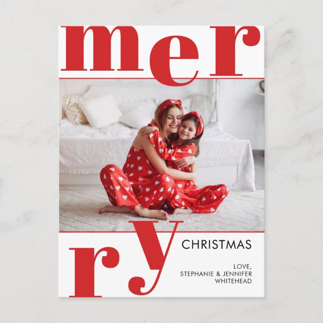 Modern Merry Christmas Photo Red Holiday Postcard (Front)