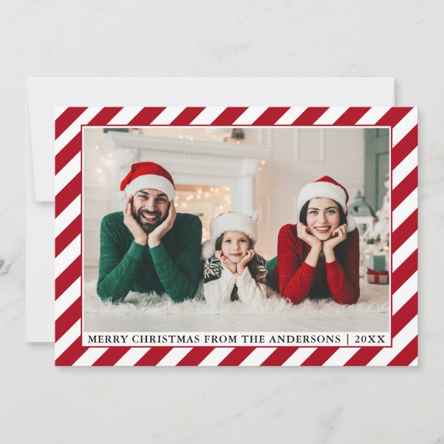 Modern Merry Christmas Photo Red Stripes Holiday Card (Front)