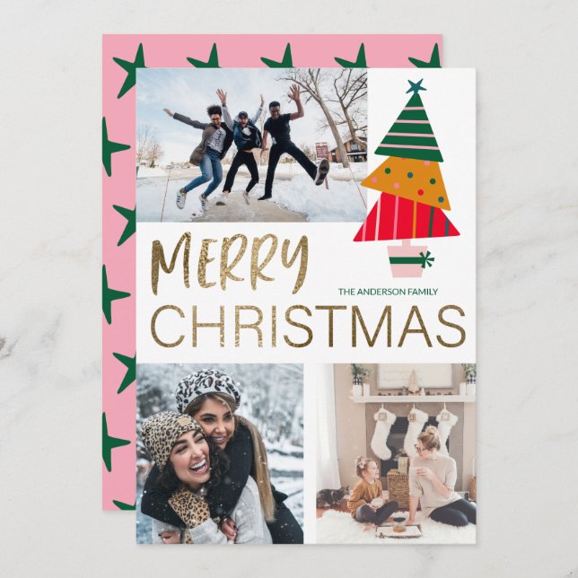 Modern Merry Christmas Photo & Tree  Card (Front/Back)