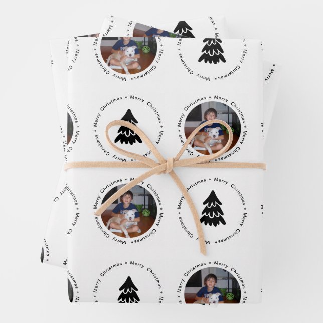 Modern Merry Christmas Photo Tree Pattern Wrapping Paper Sheet (In situ)