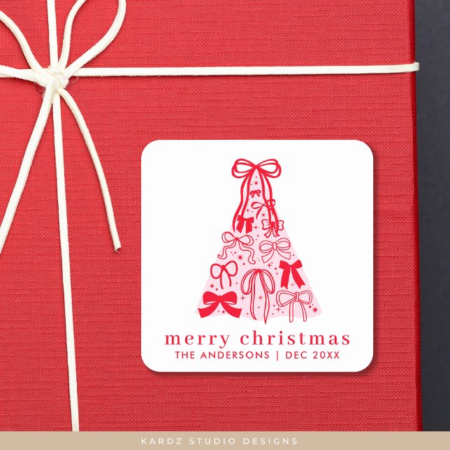 Modern Merry Christmas Pink Bow Tree Square Sticker (Sticker available in 1.5 or 3 inches, personalize and choose size and finish before checkout.)