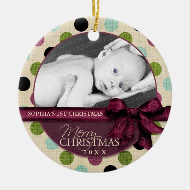 Modern Merry Christmas Polka Dots Ornament (Front)