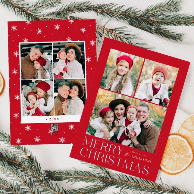 Modern Merry Christmas Red 7 Photo Collage Holiday Card (Creator Uploaded)
