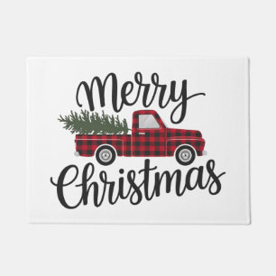 Modern Merry Christmas Red Buffalo Plaid Truck  Doormat
