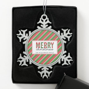 Modern Merry Christmas Red Green Stripes Pattern Snowflake Pewter Christmas Ornament