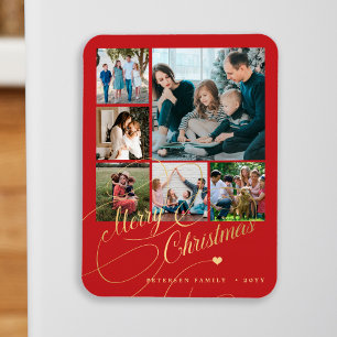 Modern Merry Christmas red photo collage Magnet