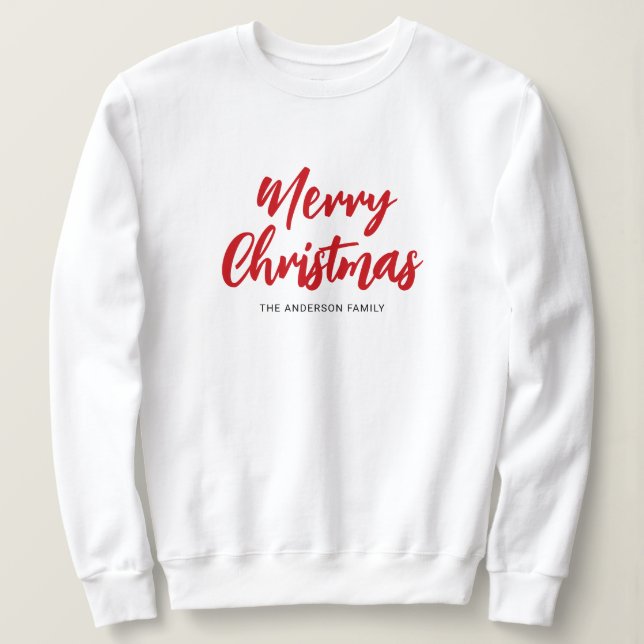Modern Merry Christmas Red Script Family Name Sweatshirt (Design Front)