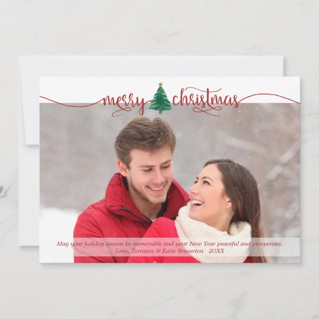 Modern Merry Christmas  Red Script Watercolor Tree Holiday Card (Front)