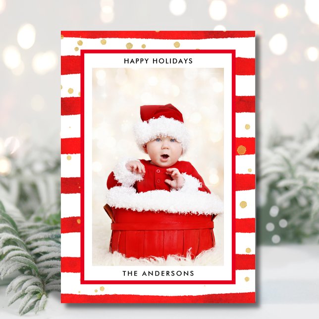 Modern Merry Christmas Red Stripe Photo Holiday Card (Creator Uploaded)