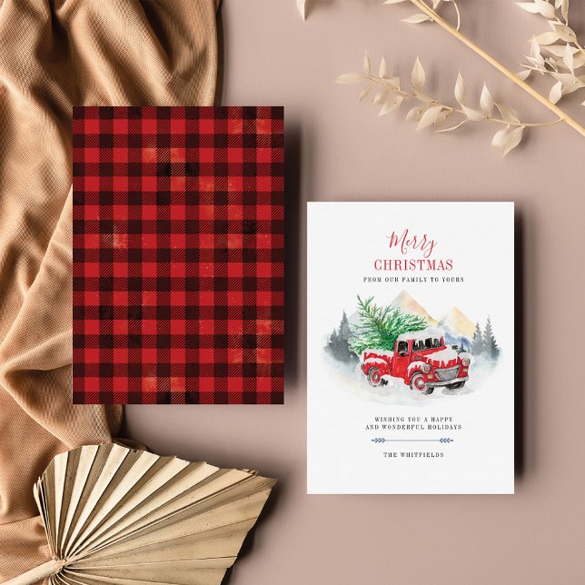 Modern Merry Christmas Red Truck Buffalo Family Card (Creator Uploaded)