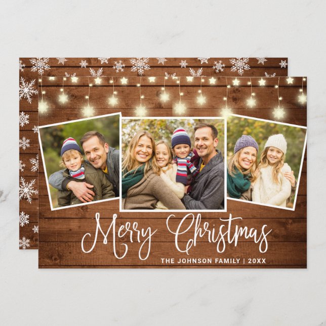 Modern Merry Christmas Rustic  3 PHOTO Greeting Holiday Card (Front/Back)