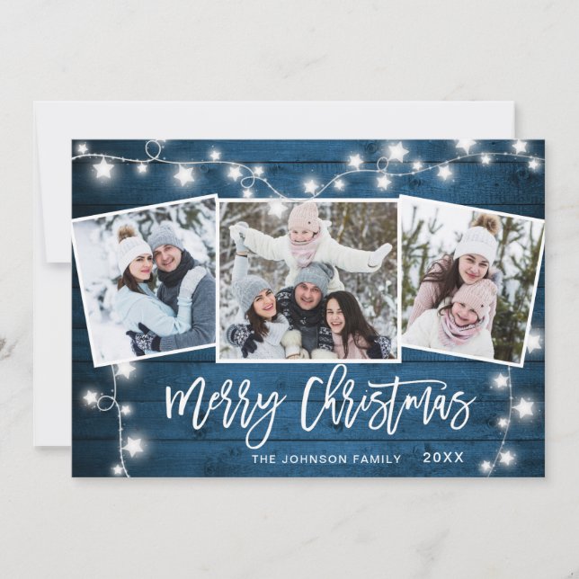 Modern Merry Christmas Rustic  3 PHOTO Greeting Holiday Card (Front)