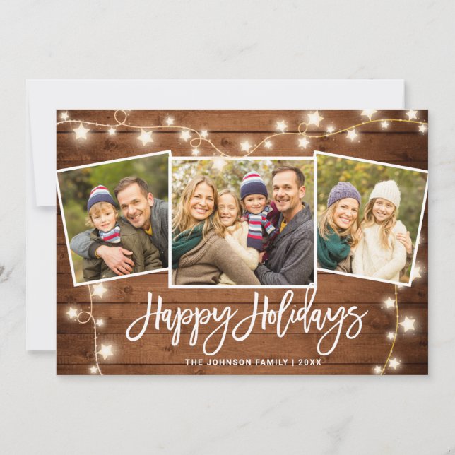 Modern Merry Christmas Rustic  3 PHOTO Greeting Holiday Card (Front)