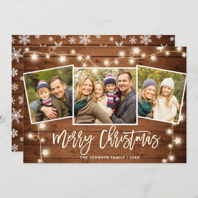 Modern Merry Christmas Rustic  3 PHOTO Greeting Holiday Card (Front/Back)