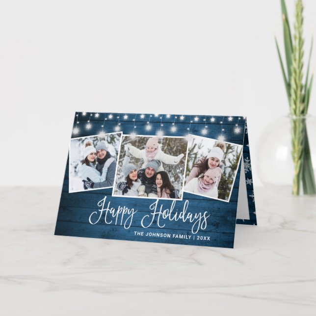 Modern Merry Christmas Rustic 3 PHOTO Greeting Holiday Card (Front)