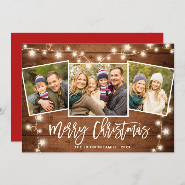Modern Merry Christmas Rustic  3 PHOTO Greeting Holiday Card (Front/Back)